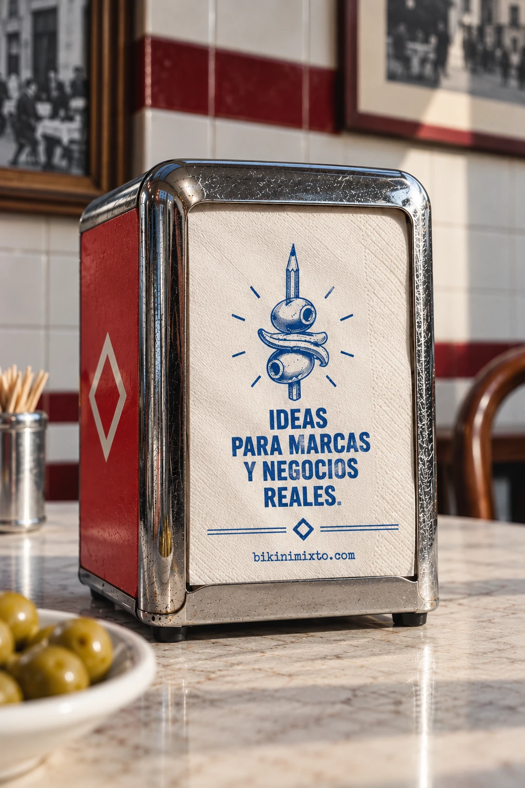 Servilletero vintage de bar español con una servilleta impresa en azul que dice «Ideas para marcas y negocios reales», junto a una ilustración de una gilda atravesada por un lápiz.