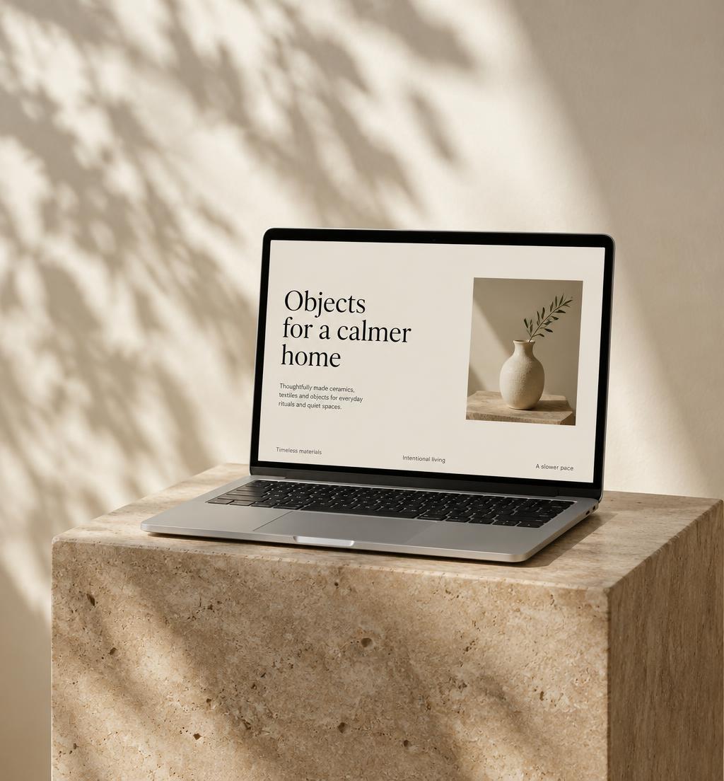 Portátil sobre un pedestal de piedra mostrando una web editorial
