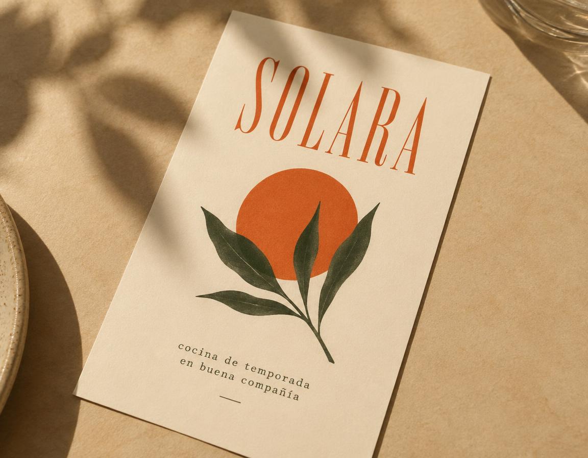 Carta del restaurante conceptual Solara con un sol naranja y una rama de hojas